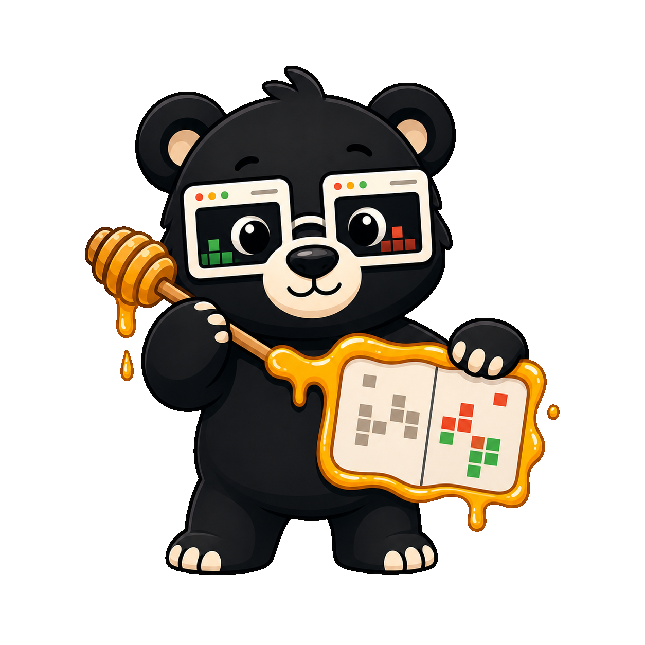 Diff Drizzle, the Honeydiff mascot holding a magnifying glass over visual diff pixels