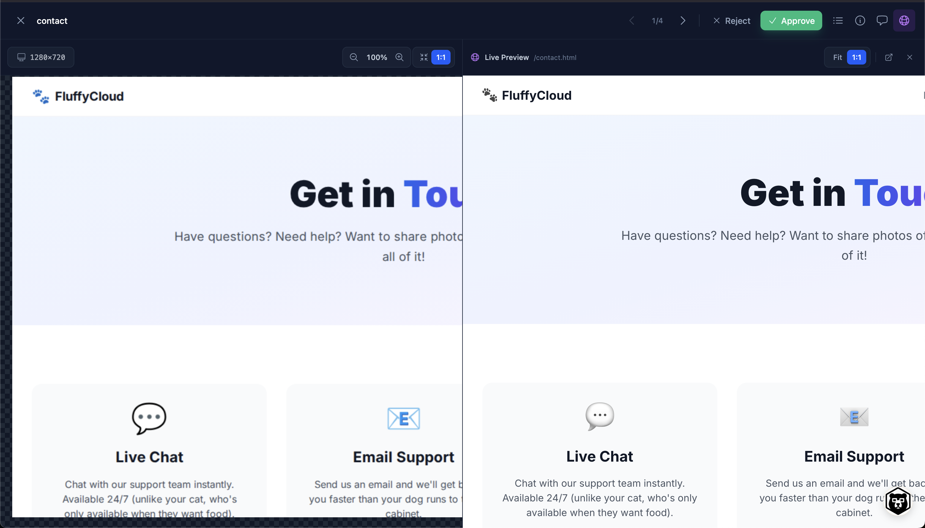 Vizzly's split view showing a screenshot on the left and the live hosted preview on the right